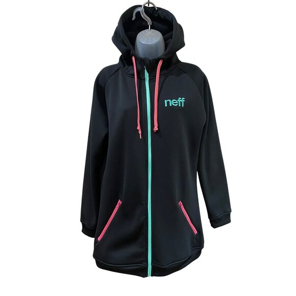 Neff Womens Daily Shredder Hoodie Black W/ Pink & Teal Zipper & Pockets L Polyes - Picture 2 of 9